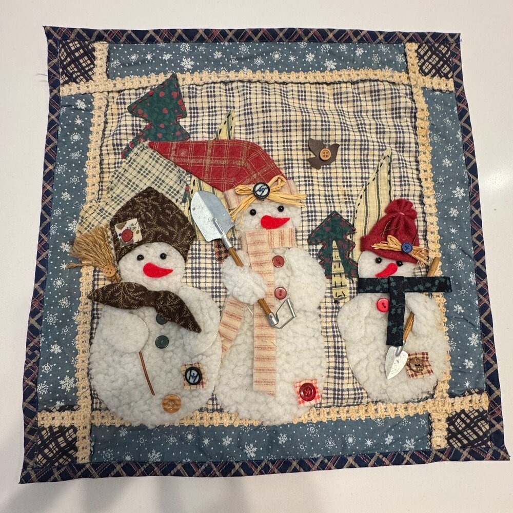 Vintage Pillow Cover 2D Handmade Christmas Winter Snowman Family Zipper *read*